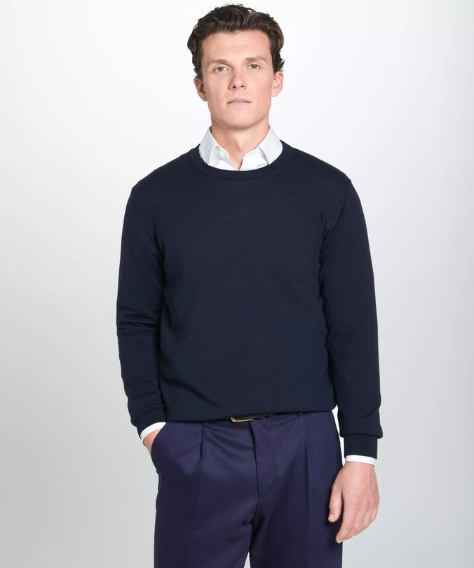 Navy Blue Merino Wool Crew Neck Sweater
