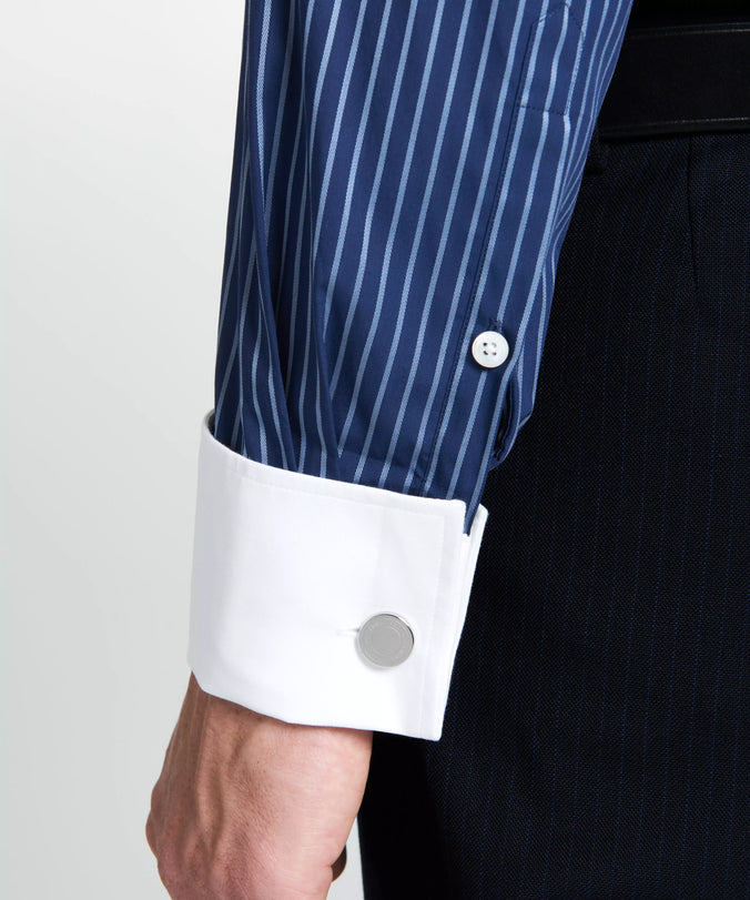 Navy & Blue Tailored Fit Double Cuff Rope Stripe Formal Shirt