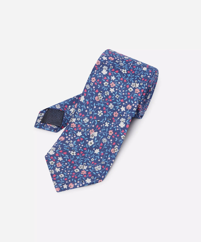 Blue & Pink Small Floral Silk Printed Tie