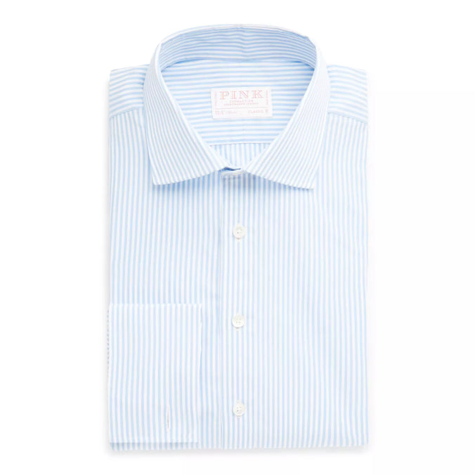 Pale Blue & White Classic Fit Double Cuff Core Poplin Bengal Stripe Formal Shirt