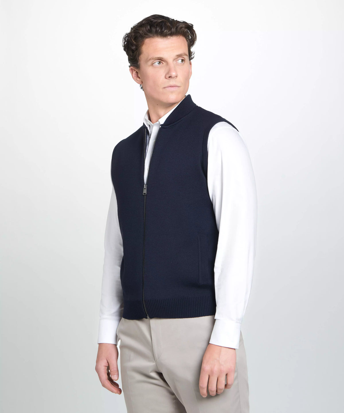 Navy Blue Knitted Merino Wool Zipper Gilet