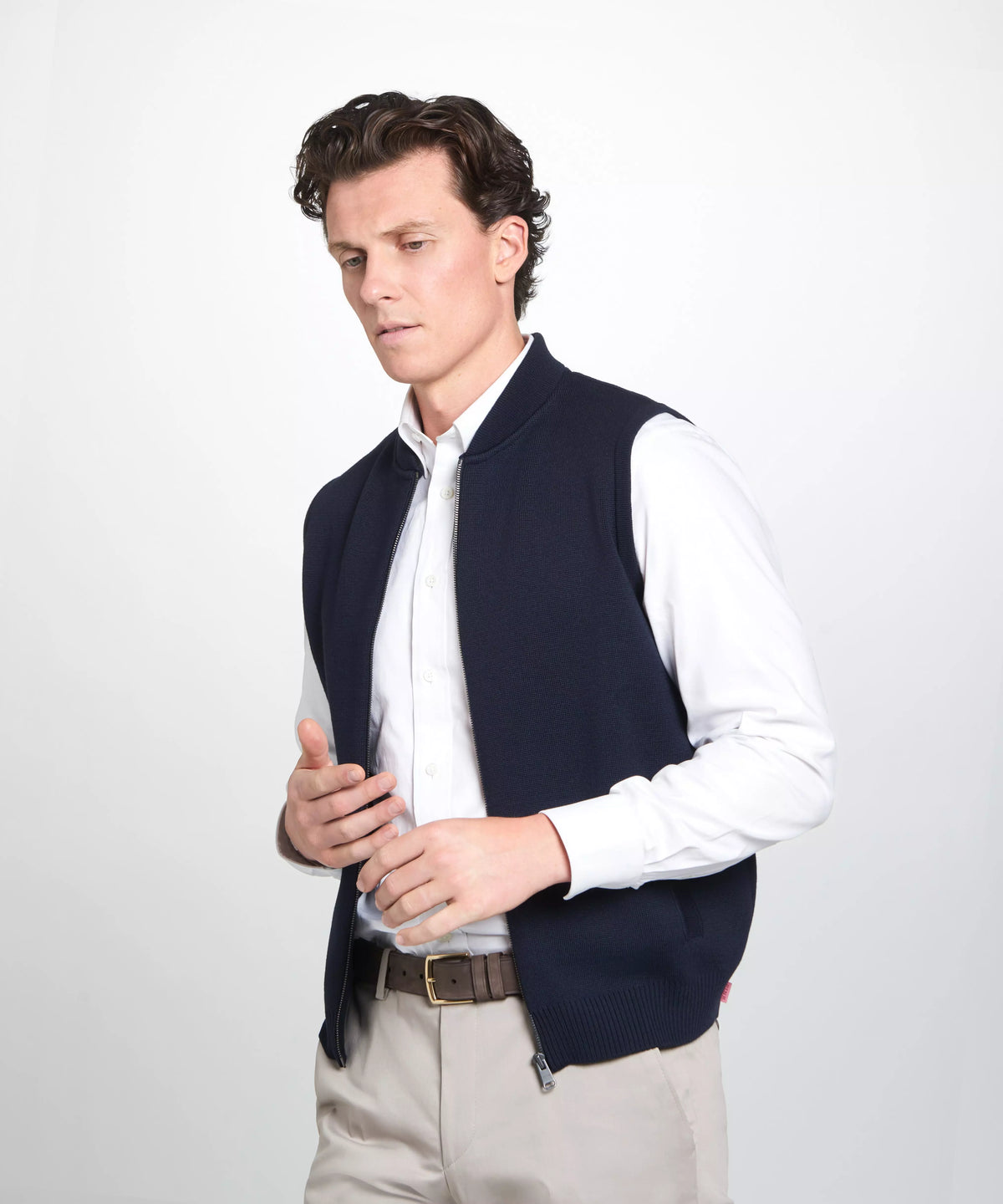 Navy Blue Knitted Merino Wool Zipper Gilet