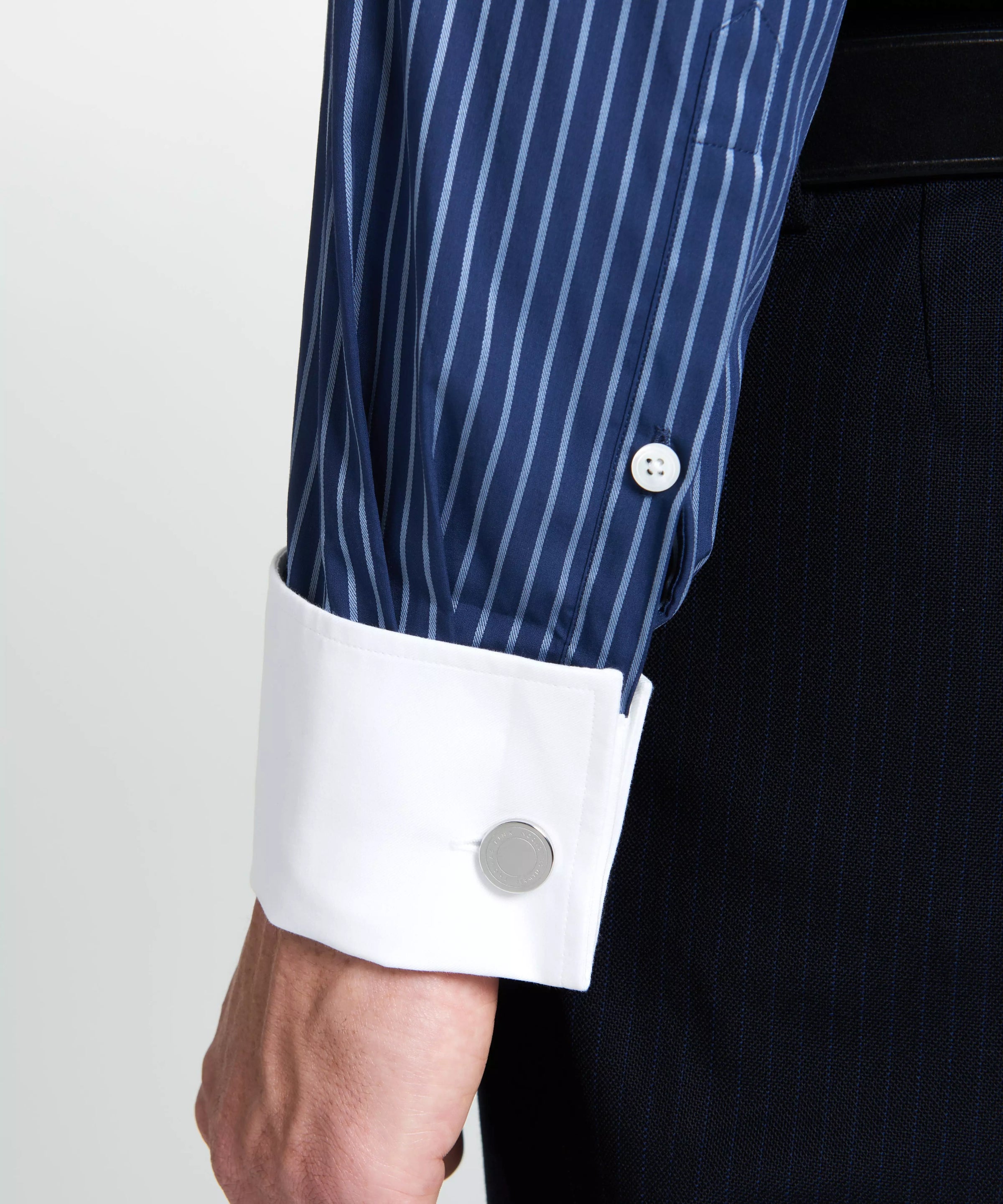 Navy & Blue Tailored Fit Double Cuff Rope Stripe Formal Shirt