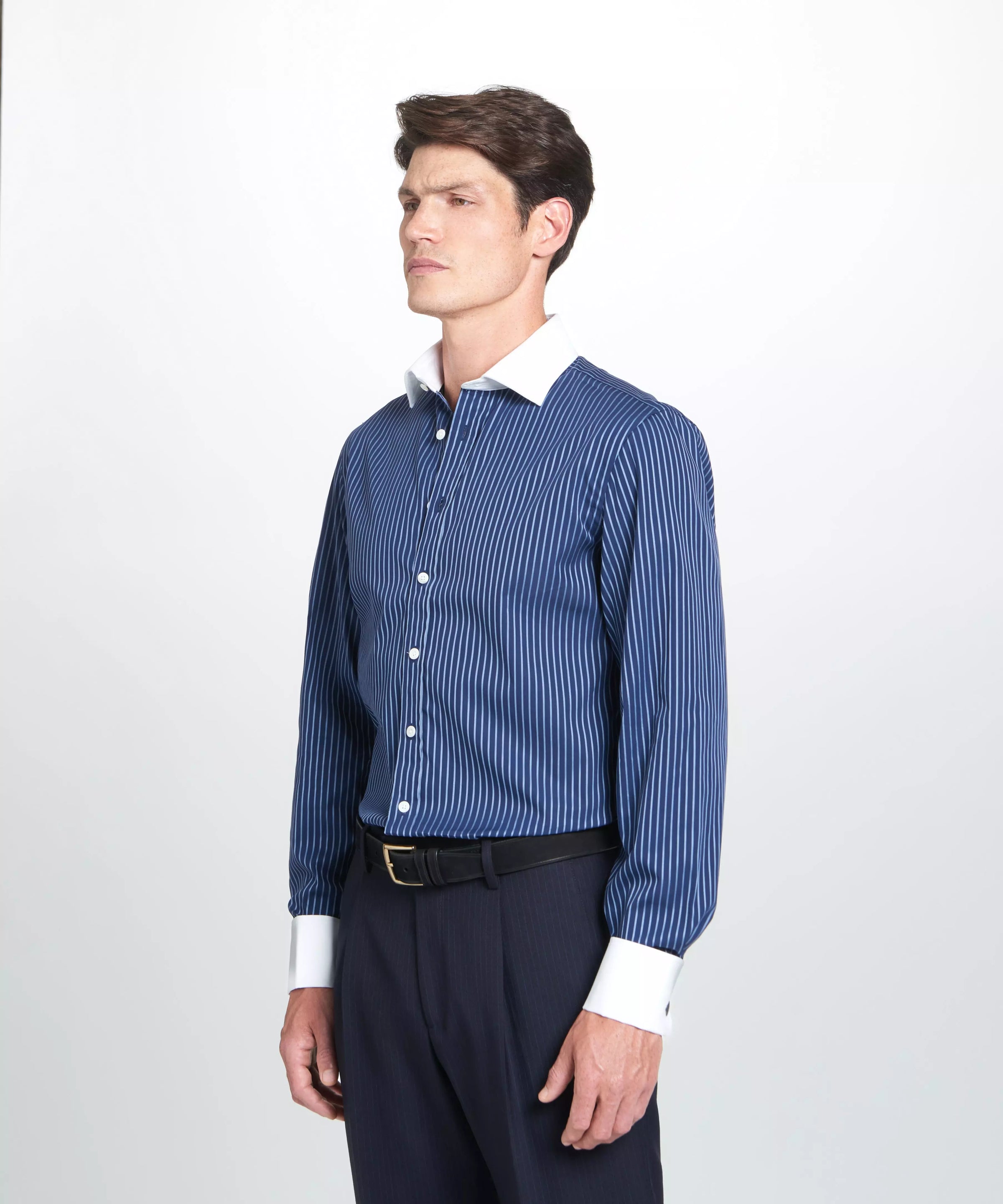 Navy & Blue Tailored Fit Double Cuff Rope Stripe Formal Shirt