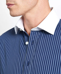 Navy & Blue Tailored Fit Double Cuff Rope Stripe Formal Shirt