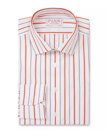 White & Orange Slim Fit Wide Set Stripe Formal Shirt