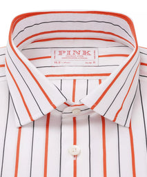 White & Orange Slim Fit Wide Set Stripe Formal Shirt